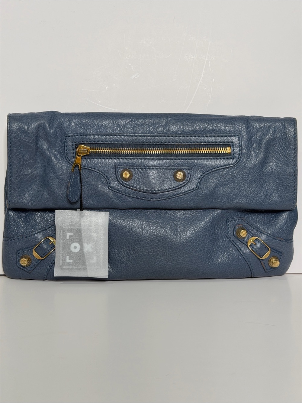 Balenciaga Blue Fold-Over Leather Clutch with Gold Hardware